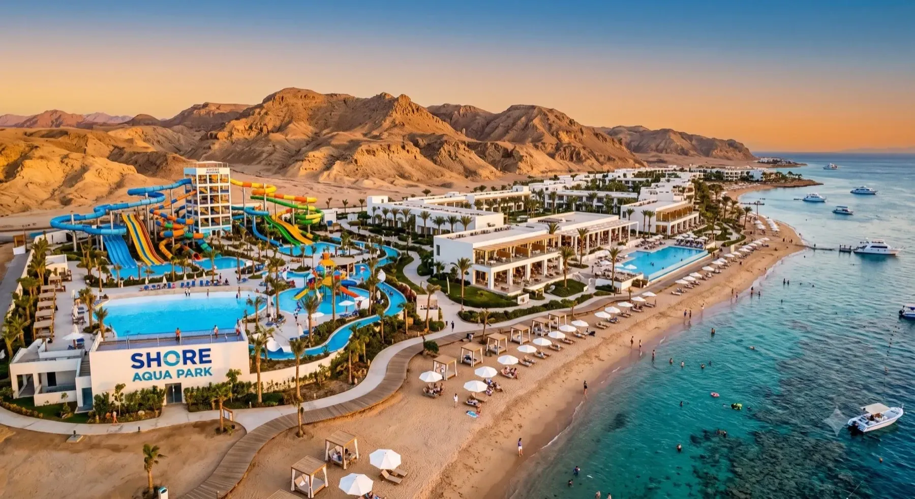 Shore Resort with its aqua park at sunset