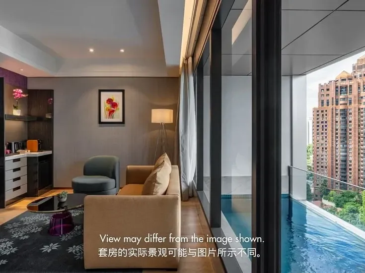 Luxury living room in the Panorama Pool Club Suite featuring a private balcony pool and city views.