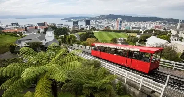 The red Wellington Cable Car on Kelburn Hill