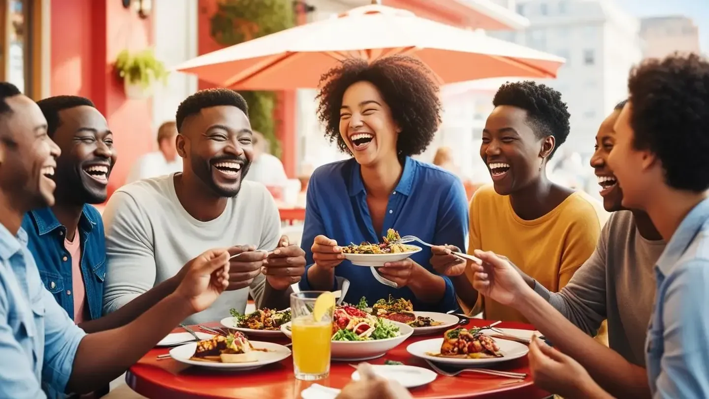 Group of friends enjoying a meal and laughing together in an outdoor restaurant at Sunway Velocity Hotel