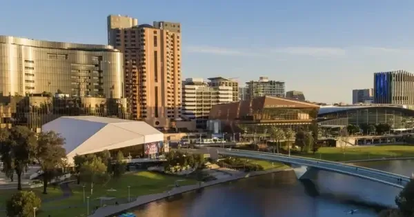 Adelaide Riverbank Precinct skyline with Adelaide Convention Centre and city buildings at sunset
