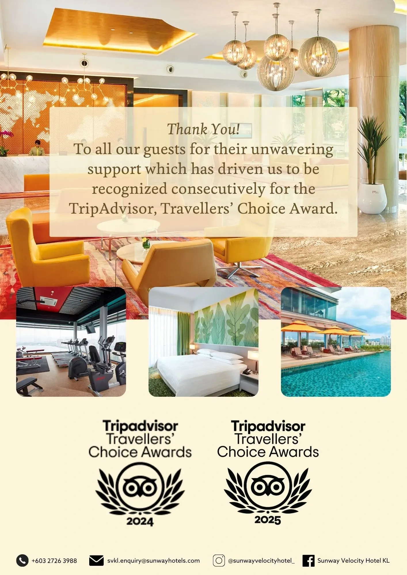 TripAdvisor ad for Sunway Velocity Hotel showcasing guest room, gym, pool, and lobby while highlighting their award wins
