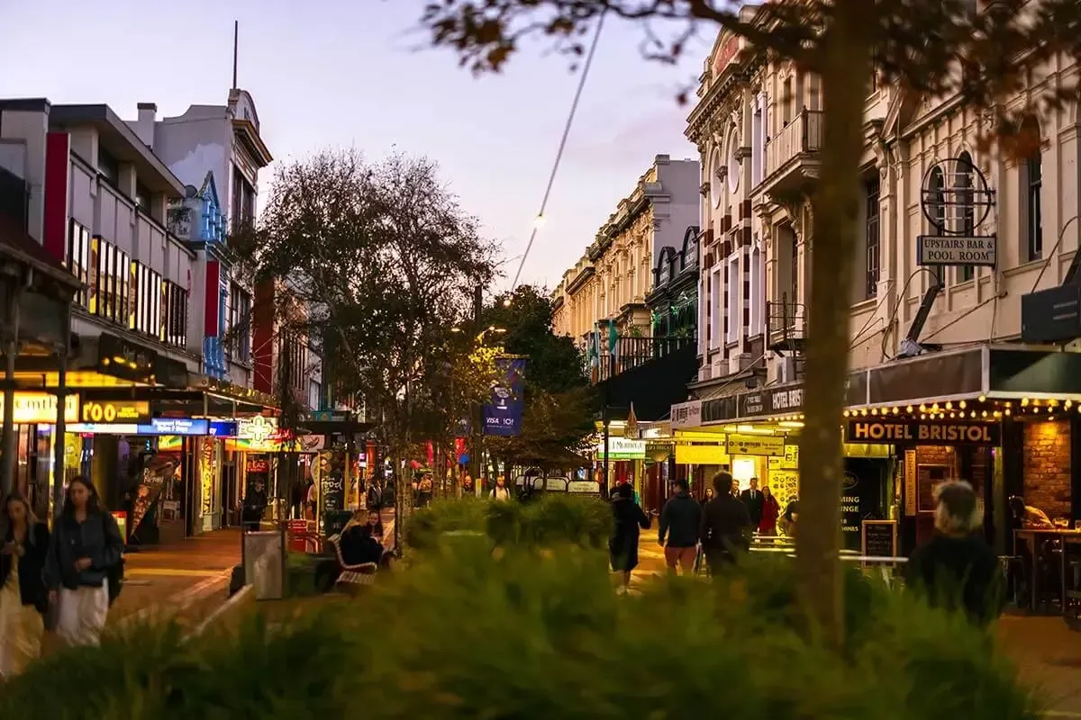 Wellington’s Cube Street at night.