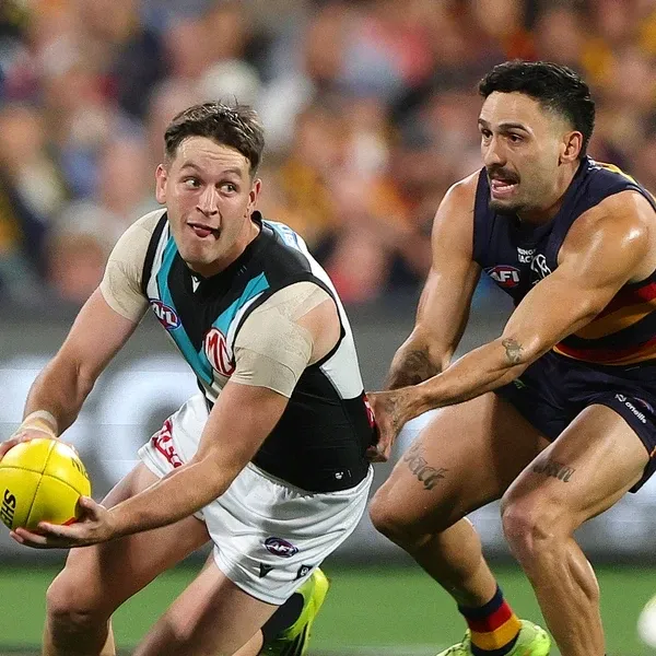 Zak Butters and Izak Rankine during the match between Adelaide and Port Adelaide at Adelaide Oval in round eight, 2026. Picture: AFL Photos