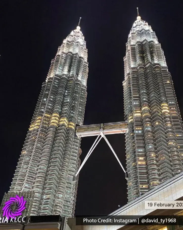 Nightview of Petronas Twin Towers beside Suria KLCC luxury shopping mall