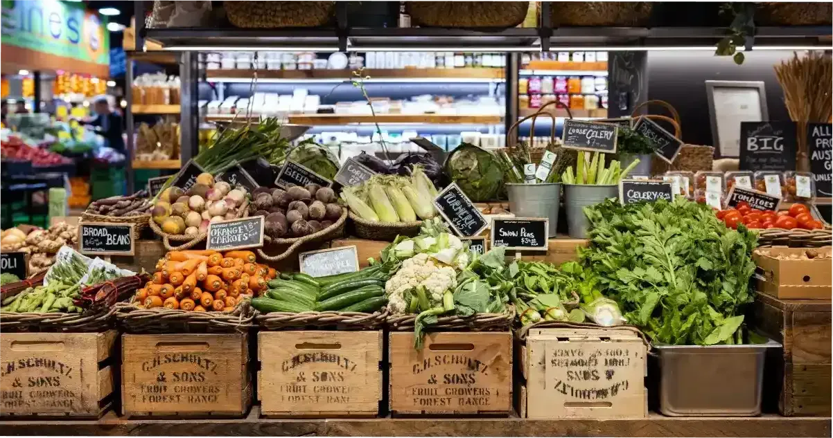A fruit and veg stall full of fresh produce at Adelaide Central Market.