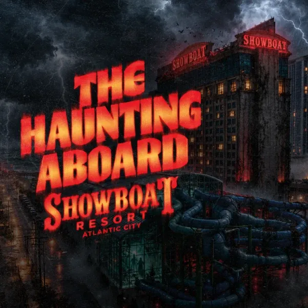 Dramatic promotional image featuring a dark haunted building with stormy skies and bold red text for The Haunting Aboard Showboat event.