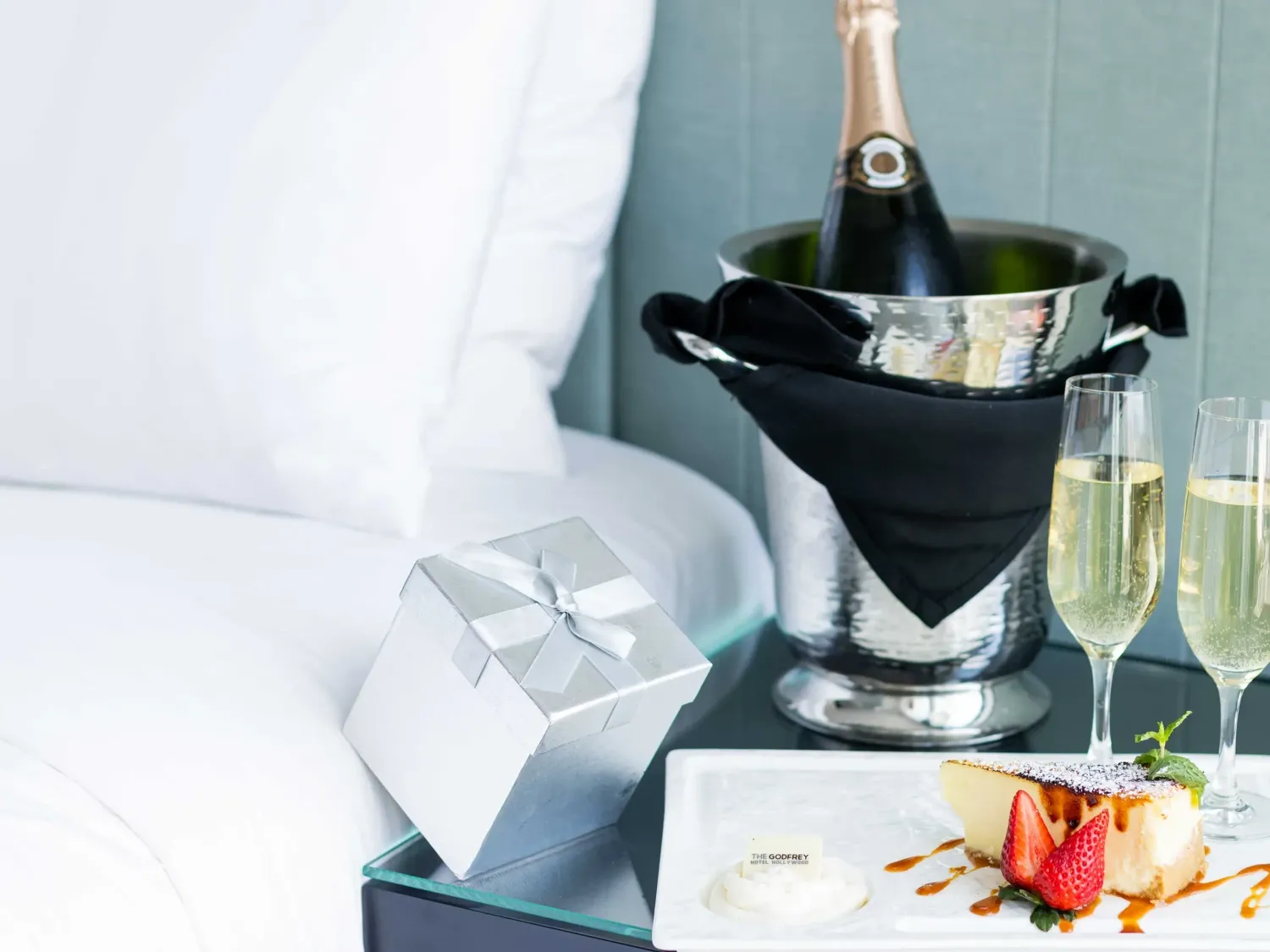 Bedside dessert and champagne at The Godfrey Hotel in Hollywood California