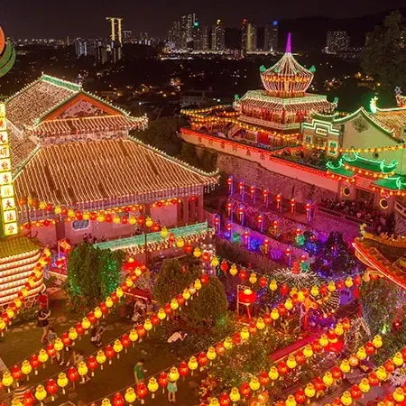 Penang nightlife view of Kek Lok Si Temple decorated with glowing lanterns and lights