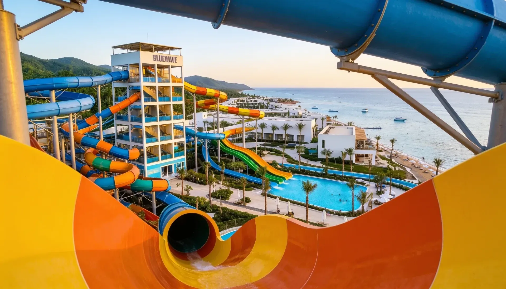 Looking down a funnel slide from the top of the tower, with pools and the Red Sea beyond