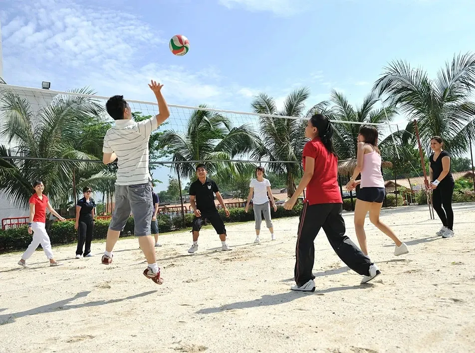 Team building games with colleagues playing volleyball outdoors.