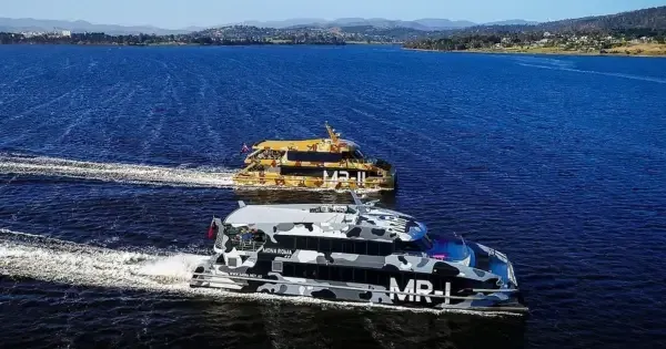 Two ferries (one grey camo and one gold) sailing on a calm river