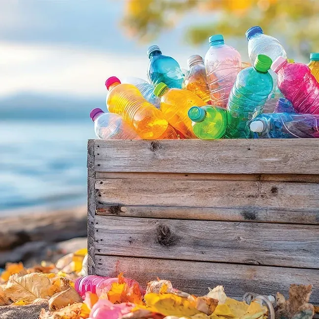  A wooden box containing plastic bottles sits beside a body of water - Lexis Hotel Group