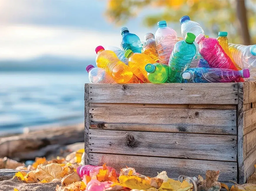  A wooden box containing plastic bottles sits beside a body of water - Lexis Hotel Group