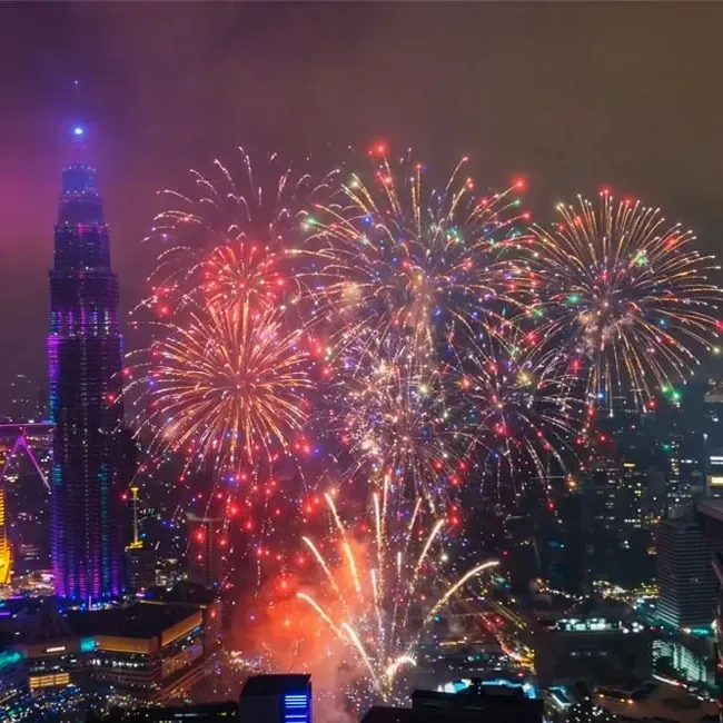 View of the city with colourful fireworks illuminating the night sky - Lexis Hotel Group