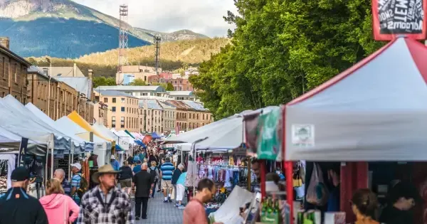 The iconic Salamanca Market with Hobart’s hills in the background