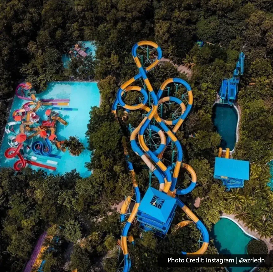 Adventure-filled water park rides captured from above at Escape Theme Park