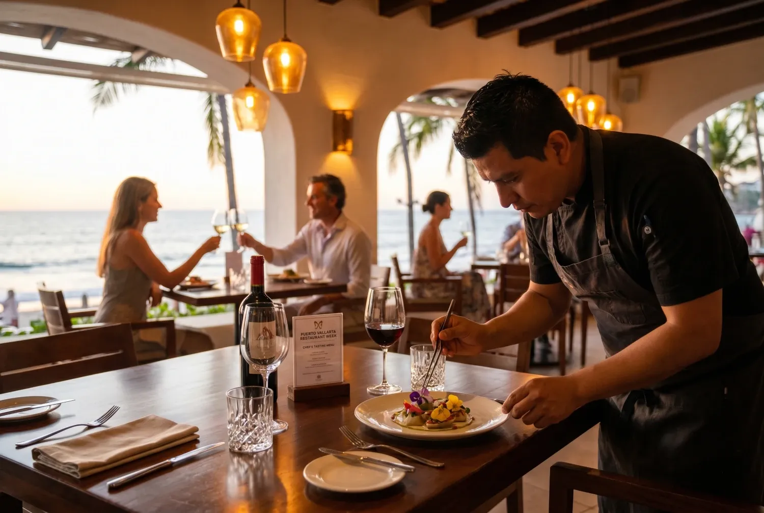 Chef preparing a gourmet dish during Restaurant Week Puerto Vallarta inside an elegant oceanfront restaurant for couples.