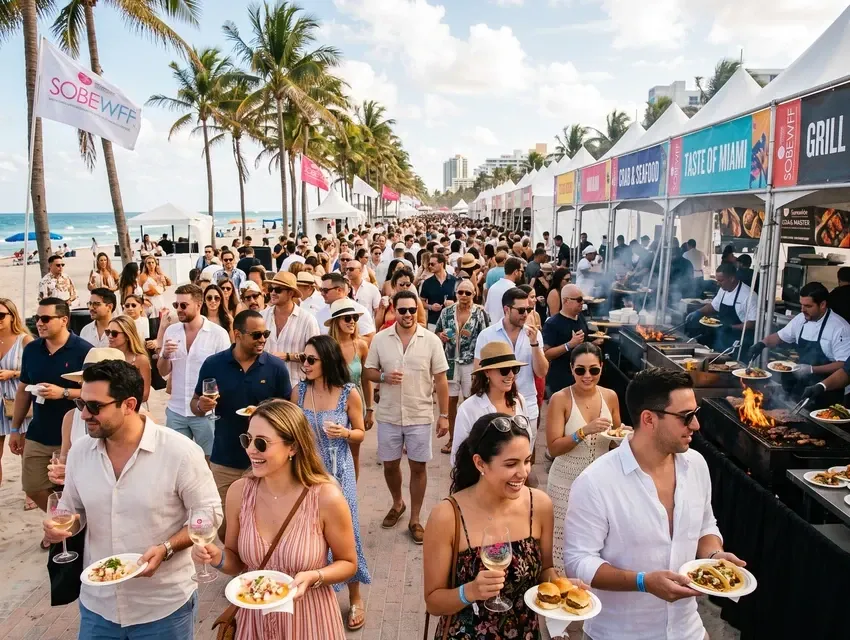 Guests sampling food and wine at the South Beach Wine & Food Festival tasting tents on Miami Beach