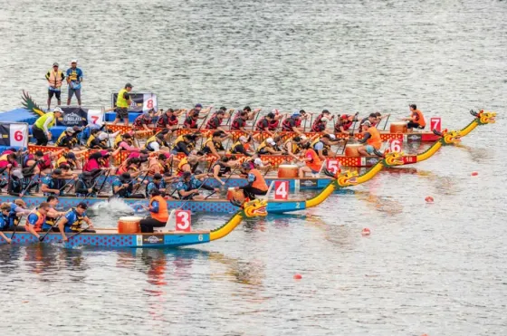 Multiple dragon boats competing at the Penang International Dragon Boat Festival Race.