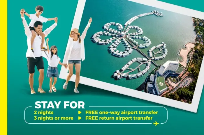 Travel offer visual with cheerful family and luxury overwater villas – Lexis Hibiscus Port Dickson
