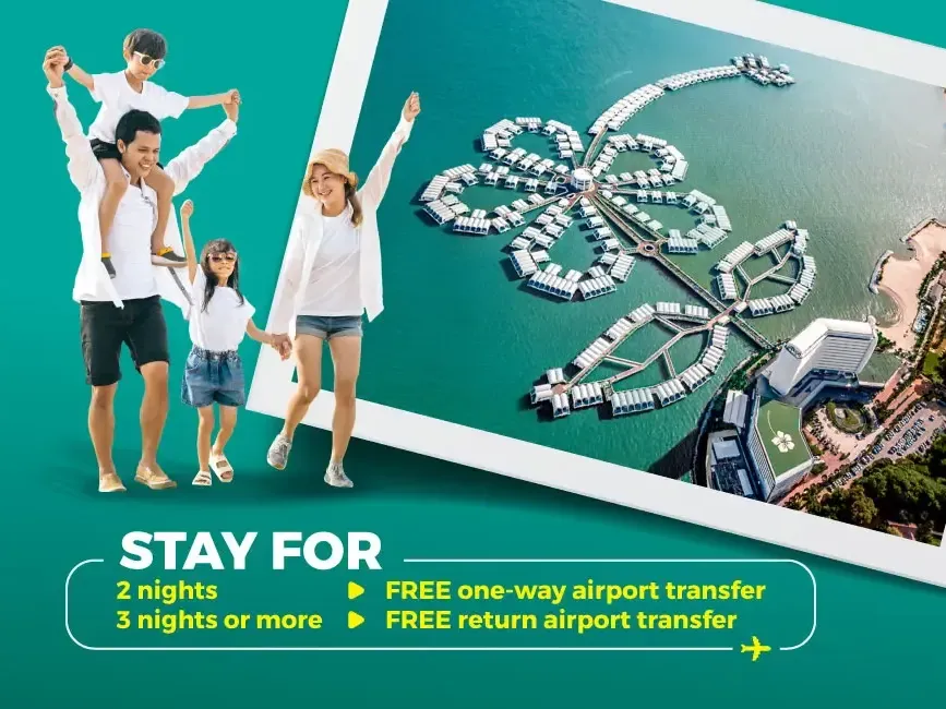 Travel offer visual with cheerful family and luxury overwater villas – Lexis Hibiscus Port Dickson