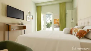 Chambre lumineuse avec lit double, rideaux verts et vue sur jardin au Flore Hôtel & Jardin