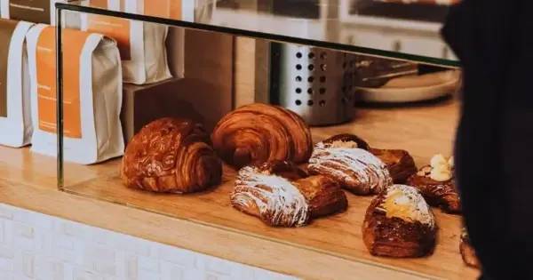Assorted pastries in glass counter