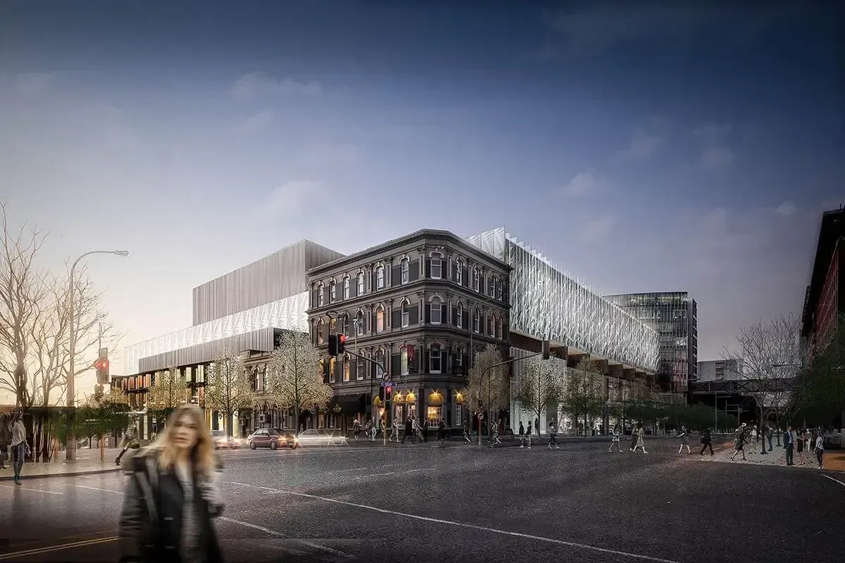 Rendering Impression of New Zealand ICC facade featuring Māori weaving patterns