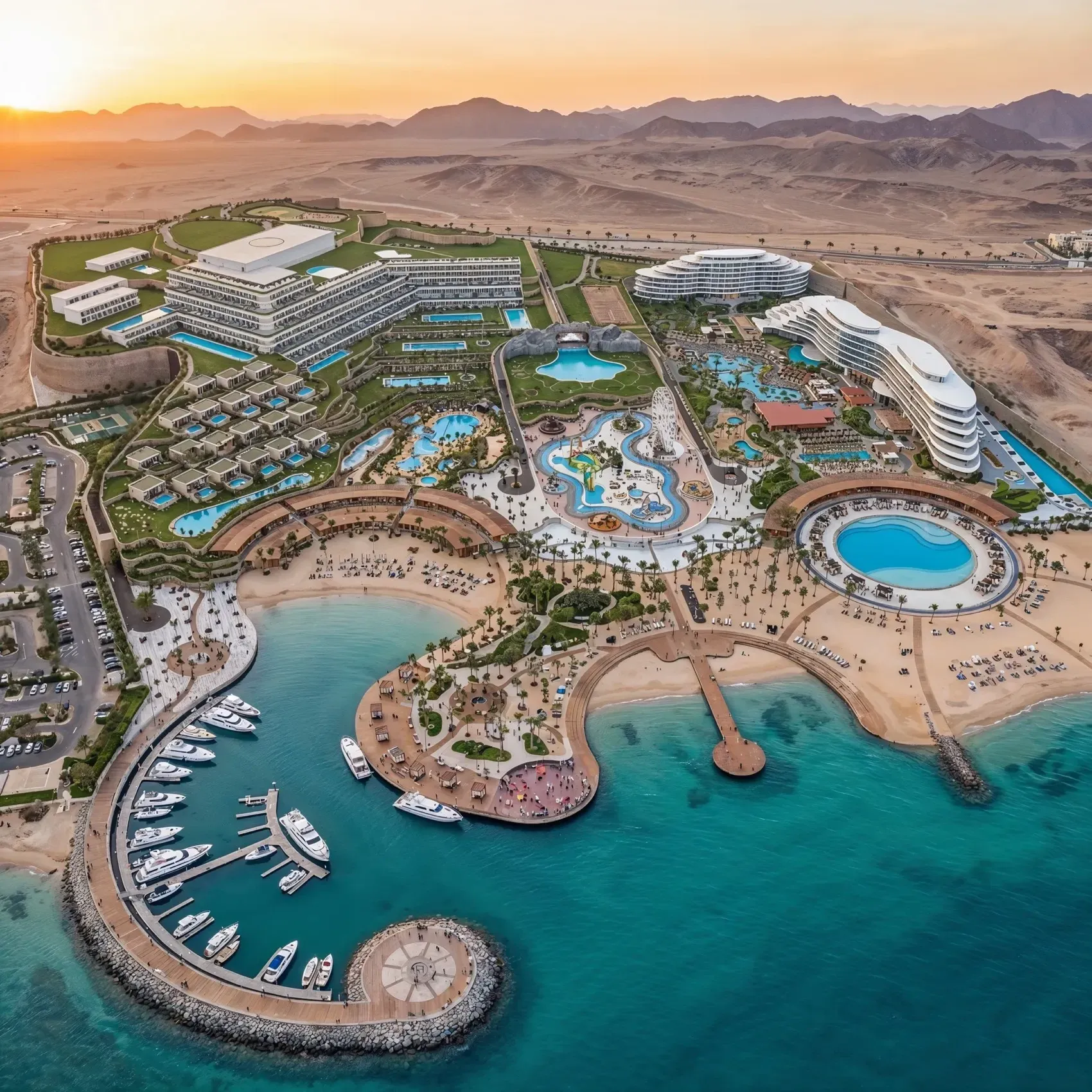 Royal Castle pools, marina, and gardens