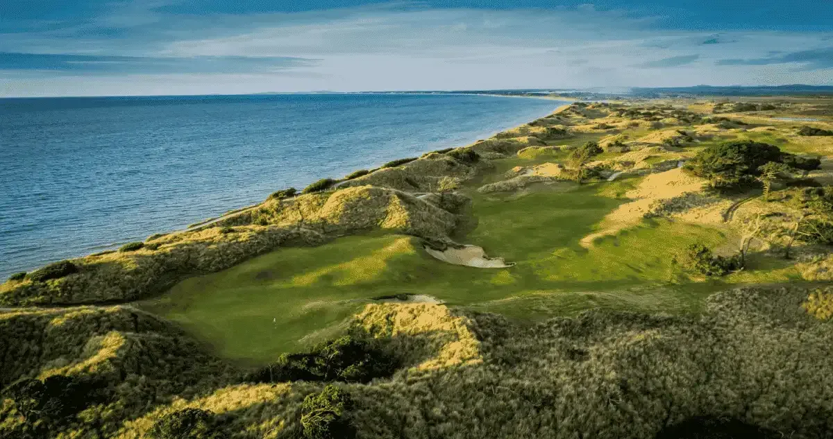 Aerial view of Barnbougle Dunes golf course by the ocean