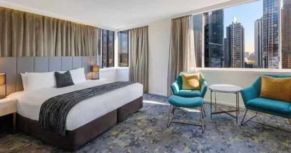 Hotel room with a city view in a Grand Chancellor Hotel