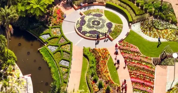 birds eye view of park with bright flowers in bloom and manicured gardens