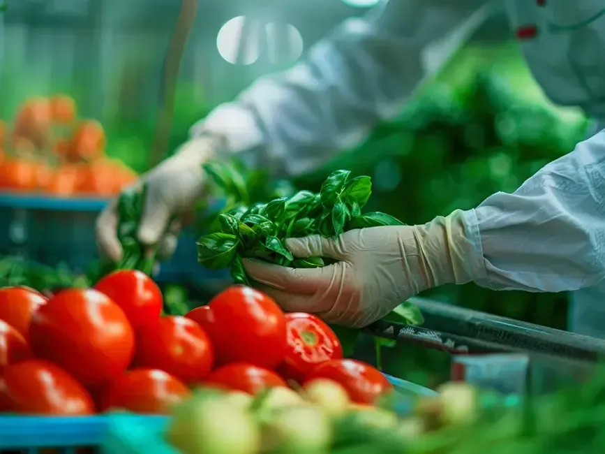 A person in a white coat is harvesting ripe tomatoes in a garden - Lexis Hotels & Resorts