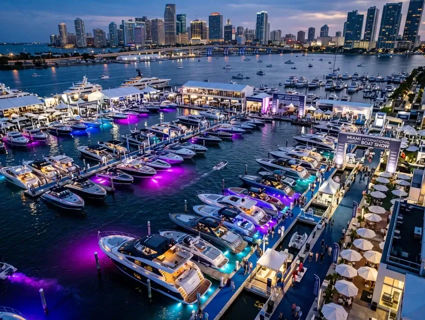 Yachts lit up at dusk along the docks of the Miami International Boat Show with the city skyline behind