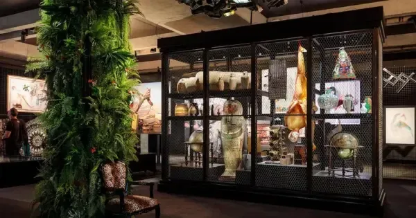 Exhibition space with lush greenery, eclectic artifacts, and an Egyptian sarcophagus in a display