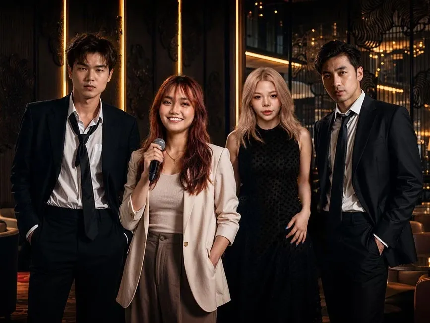 Four elegantly dressed performers pose in a sophisticated lounge setting with warm ambient lighting and modern decor.