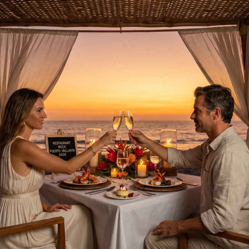 Cena romántica frente al mar durante Restaurant Week Puerto Vallarta 2026, con una pareja brindando con champagne al atardecer junto al océano.