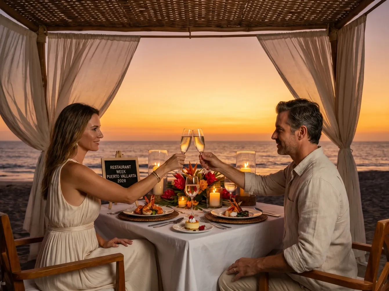 Romantic beachfront dinner during Restaurant Week Puerto Vallarta 2026 with a couple toasting champagne at sunset beside the ocean.