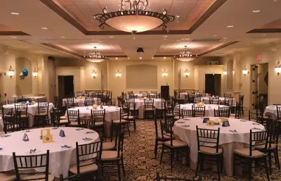 Banquet set-up in Grand Ballroom with carpeted floors at Union Bluff Hotel