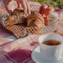 Croissant with Macaron and teacup in special Mother's Day Brunch at Harraseeket Inn by Ogunquit Collection
