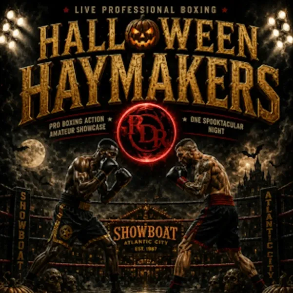 Promotional poster for live professional boxing event featuring two boxers in a ring with Halloween-themed decorations.