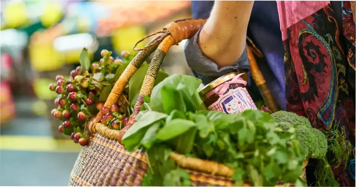 A basket full of fresh produce at the Adelaide Central Market.