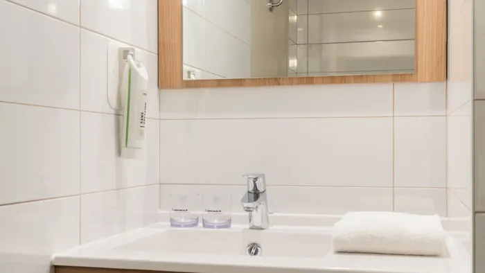 Modern bathroom with wooden vanity, sink, mirror, and towels at Appart’Hôtel Hévéa.