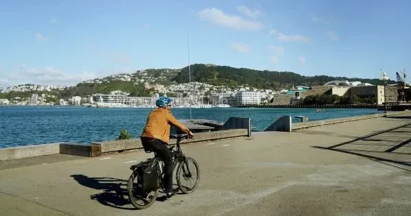 Cyclist riding along Wellington’s waterfront