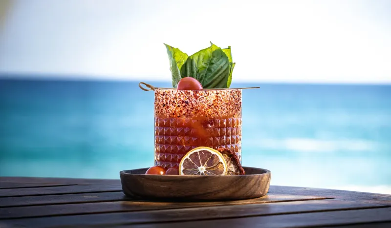 Red cocktail with garnishes served at the Hacienda del Mar All Inclusive Hotel and Resort in Los Cabos, Mexico.