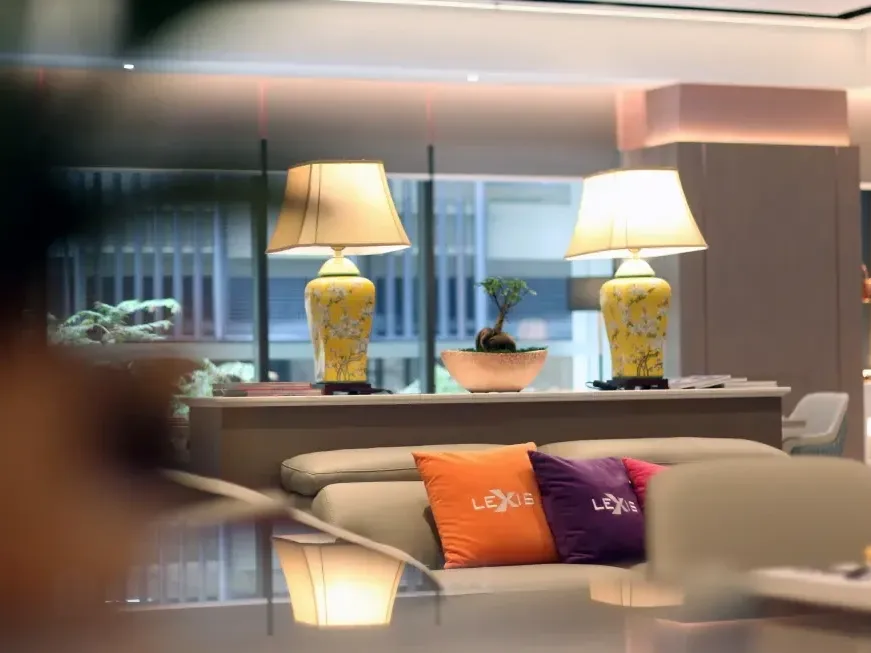 Lounge with couch, pillows, lamps, and a plant on a table