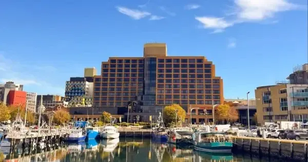 Exterior view of hotel grand chancellor hobart overlooking waterfront with boats