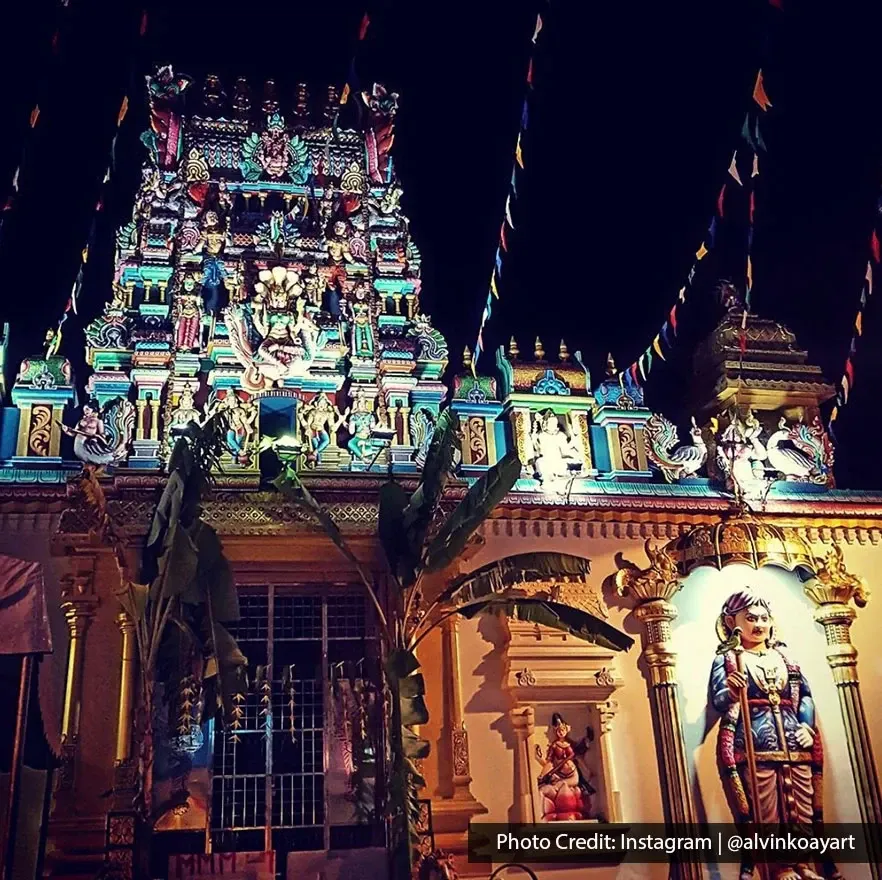 Night view of Sri Mahamariamman Temple with Hindu sculptures in George Town Penang.