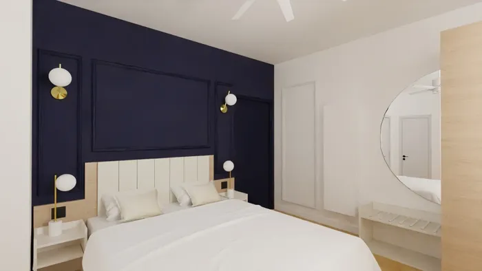 Chambre élégante avec lit blanc, mur bleu, miroir et éclairage mural à Les Sources Callou.